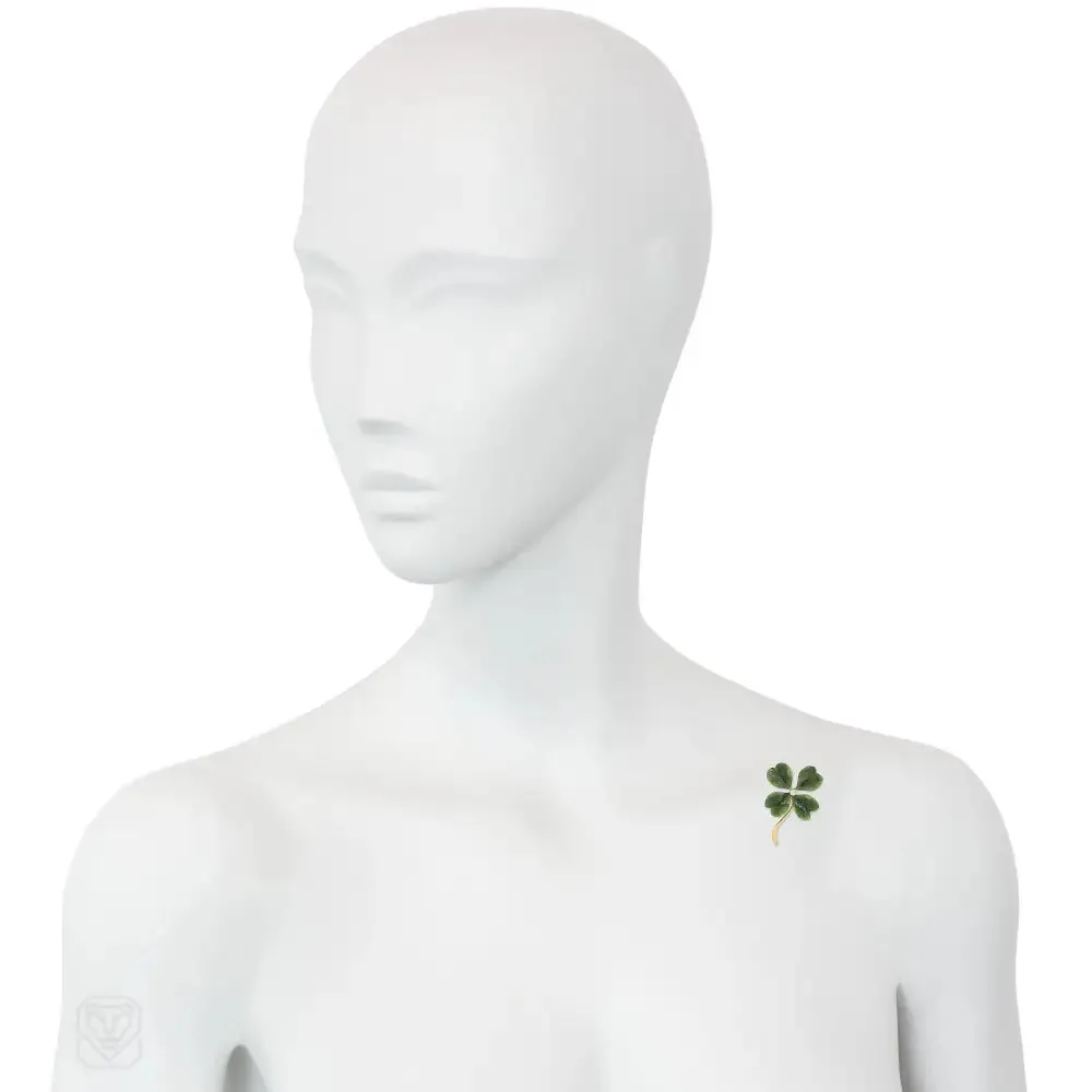 Retro nephrite jade four leaf clover brooch