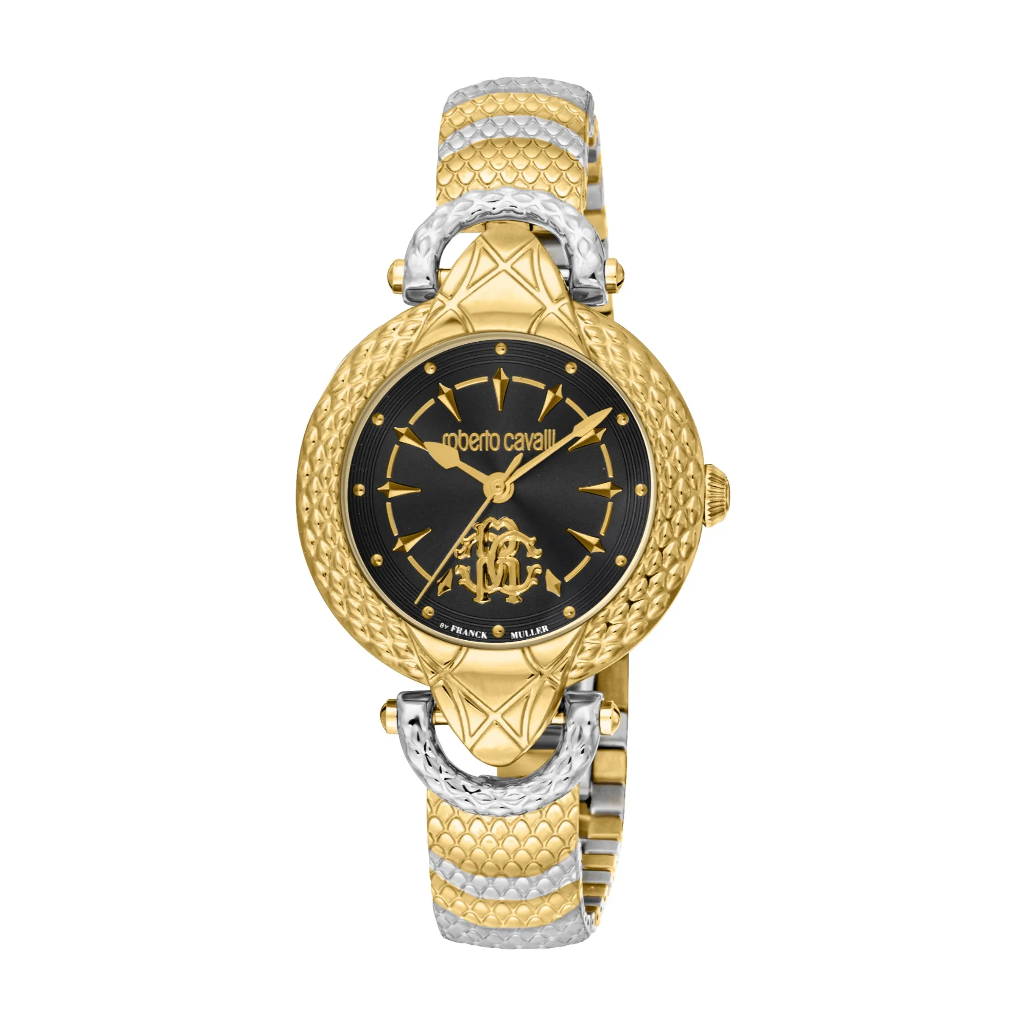 Roberto Cavalli Ladies Watch - Two Tone Silver & Gold Case, Black Dial, Two Tone Silver & Gold Metal Bracelet