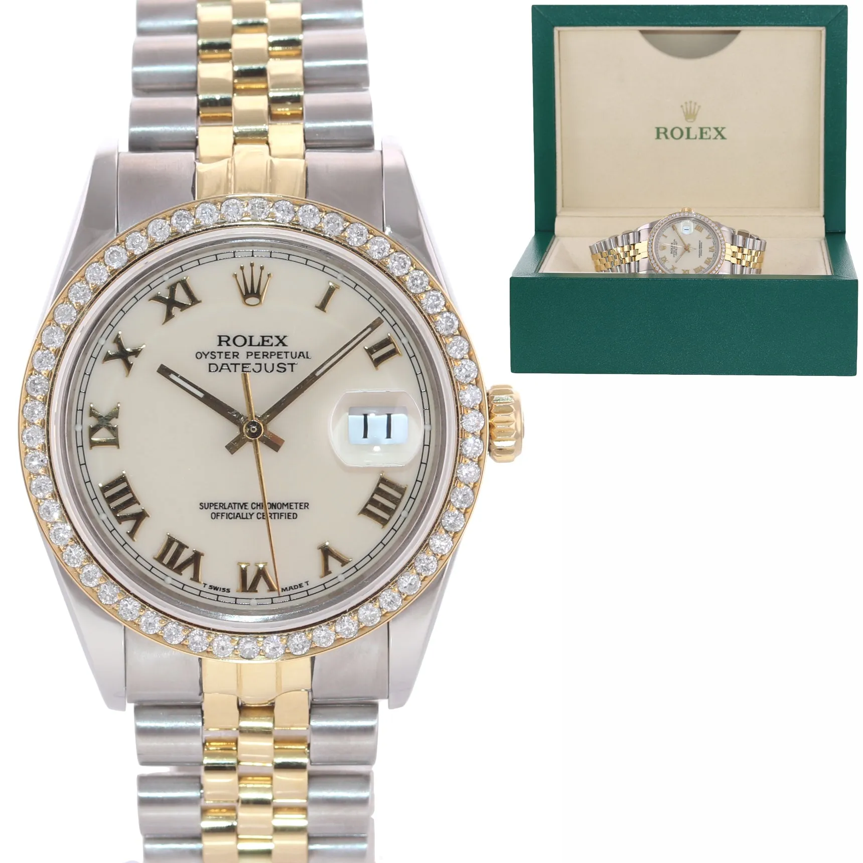 Rolex DateJust 16014 White Roman Diamond Bezel Jubilee Two Tone 36mm Watch