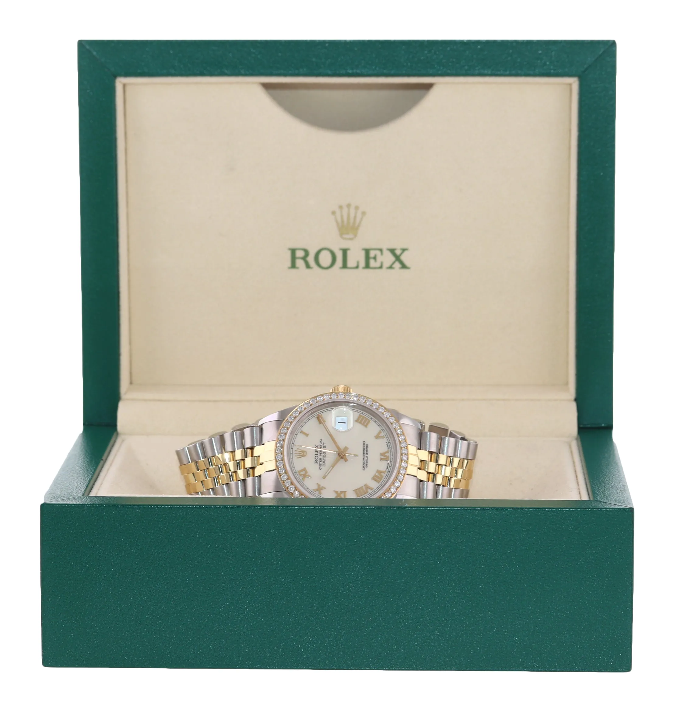 Rolex DateJust 16014 White Roman Diamond Bezel Jubilee Two Tone 36mm Watch