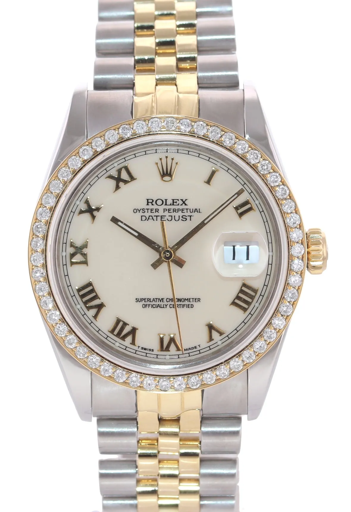 Rolex DateJust 16014 White Roman Diamond Bezel Jubilee Two Tone 36mm Watch