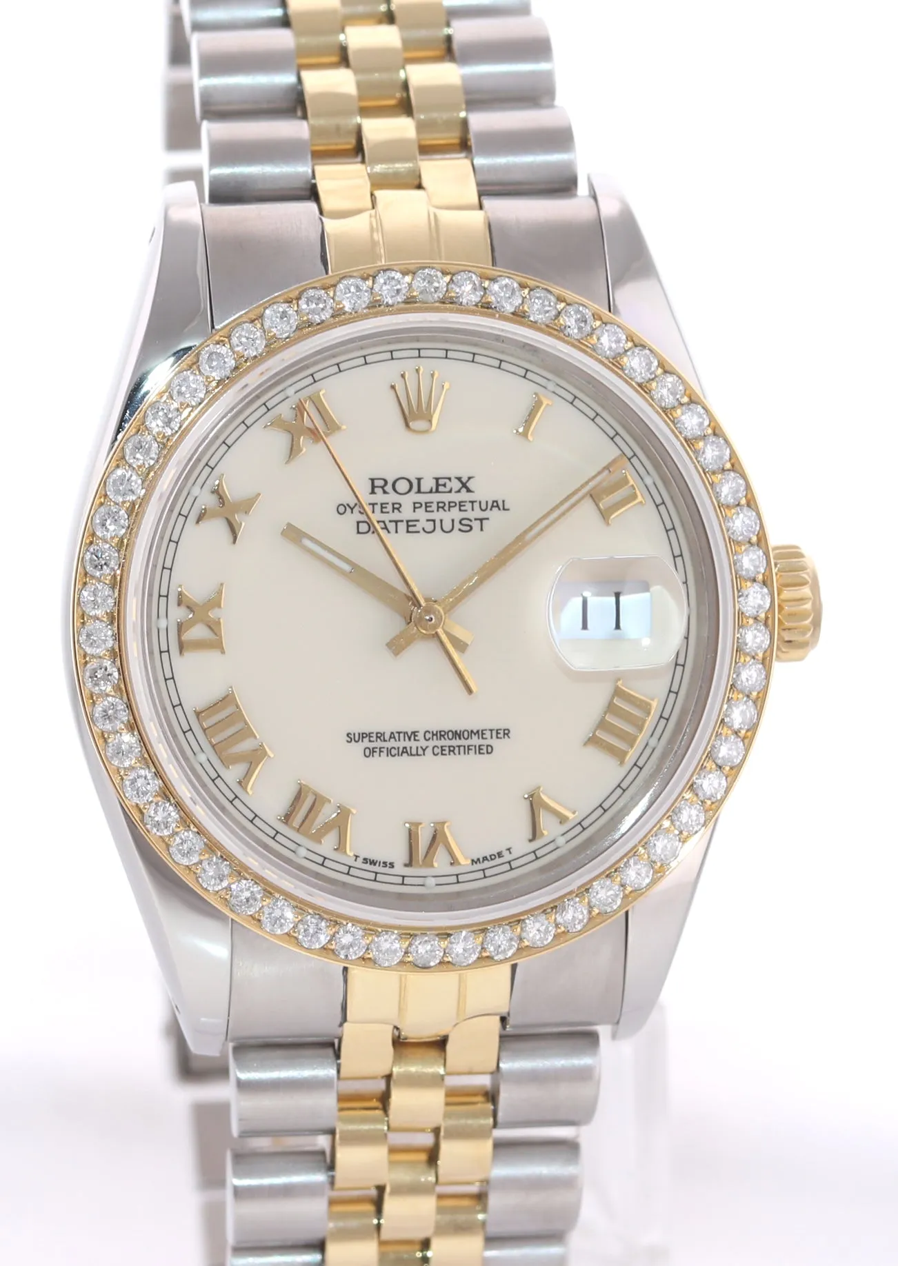 Rolex DateJust 16014 White Roman Diamond Bezel Jubilee Two Tone 36mm Watch