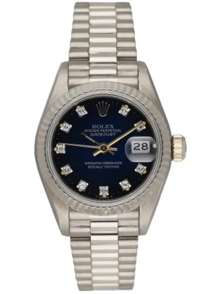 Rolex Datejust 69179 18K White Gold Blue Vignette Diamond Dial Ladies Watch