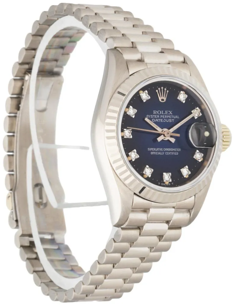 Rolex Datejust 69179 18K White Gold Blue Vignette Diamond Dial Ladies Watch