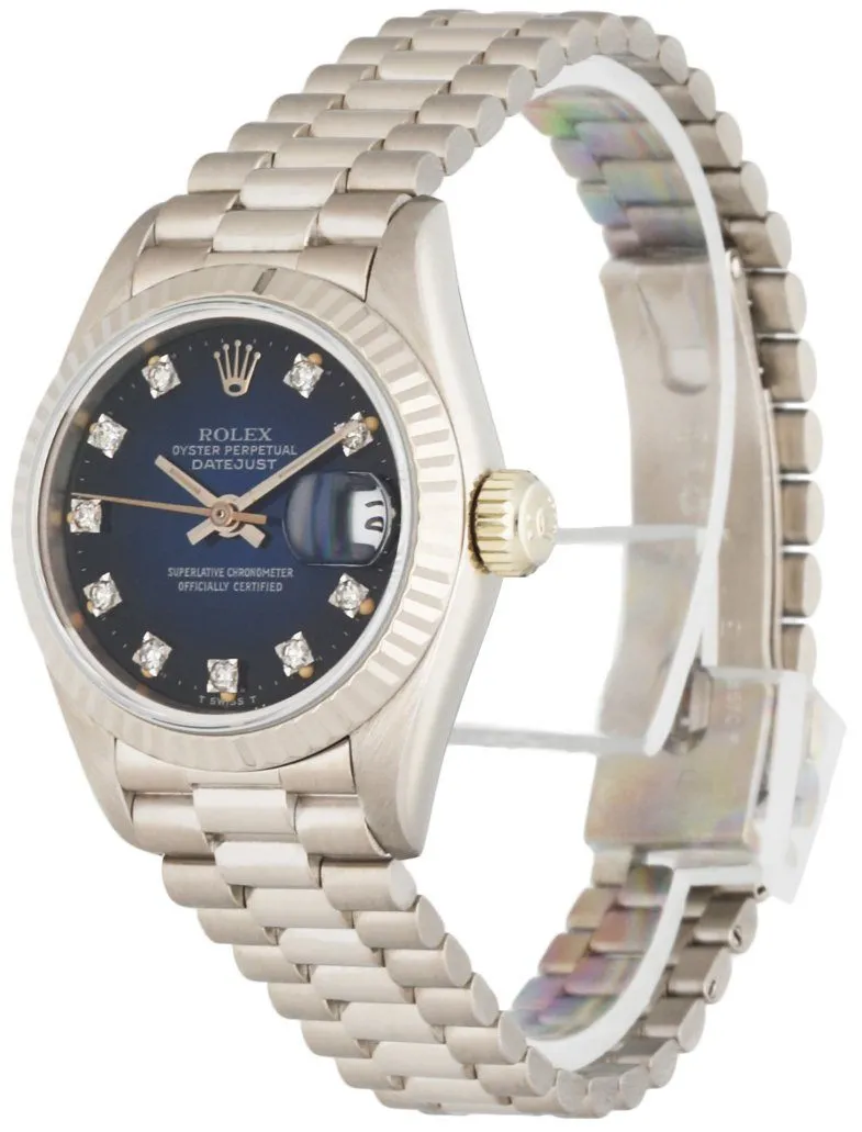Rolex Datejust 69179 18K White Gold Blue Vignette Diamond Dial Ladies Watch