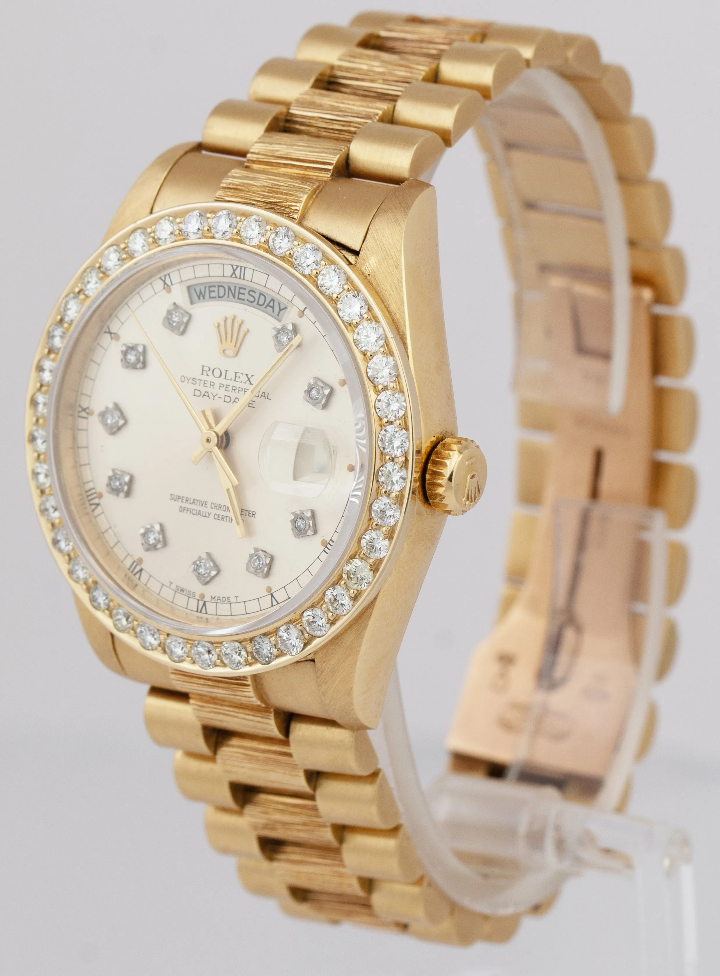 Rolex Day-Date President 36mm Silver DIAMOND Bark 18K Yellow Gold Watch 18078