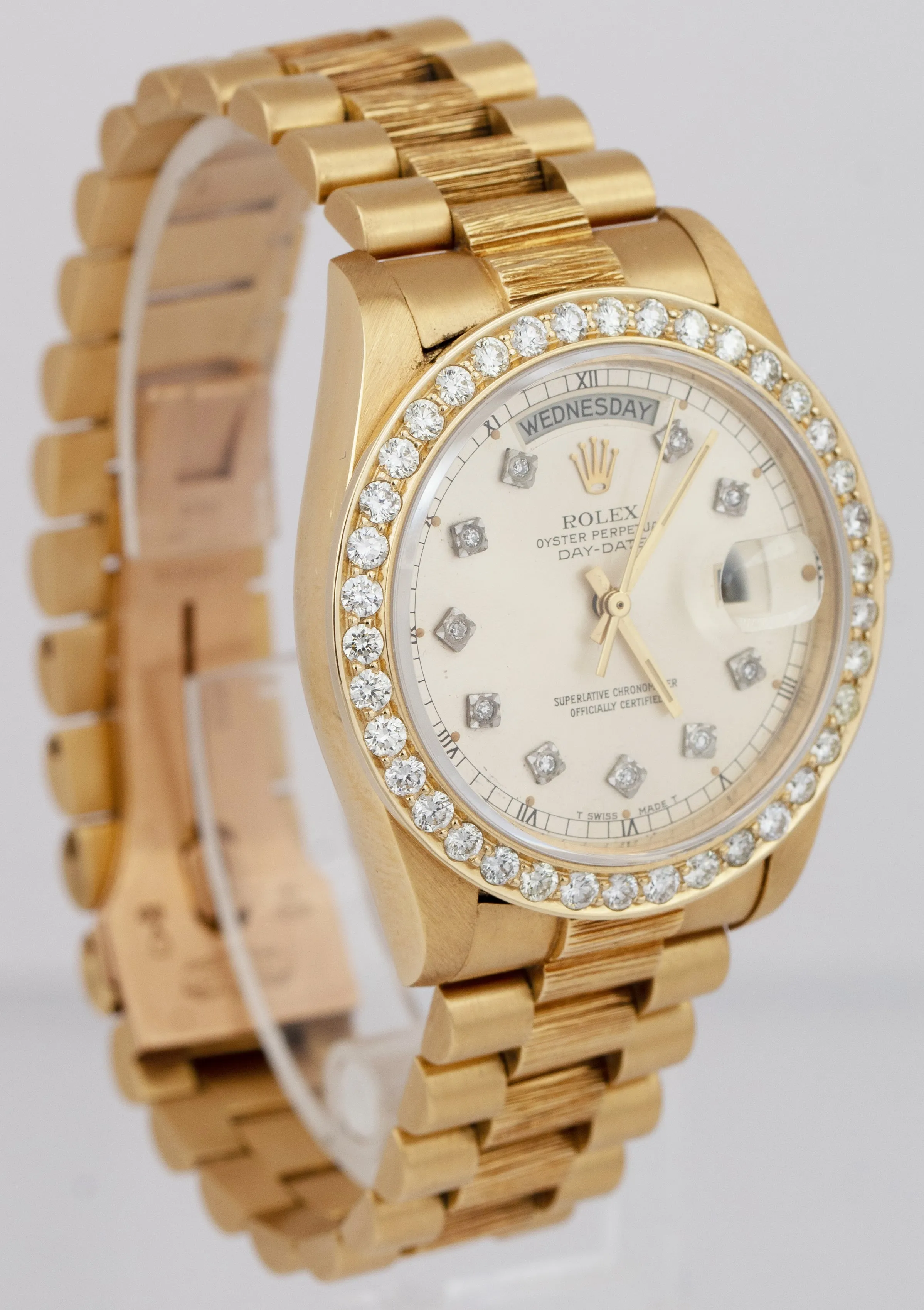 Rolex Day-Date President 36mm Silver DIAMOND Bark 18K Yellow Gold Watch 18078