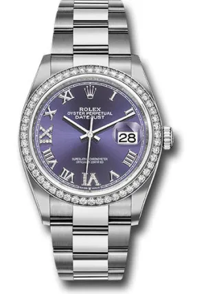 Rolex Steel Datejust 36 Watch - Diamond Bezel - Aubergine Purple Diamond Roman VI and IX Dial - Oyster Bracelet - 126284RBR audr69o