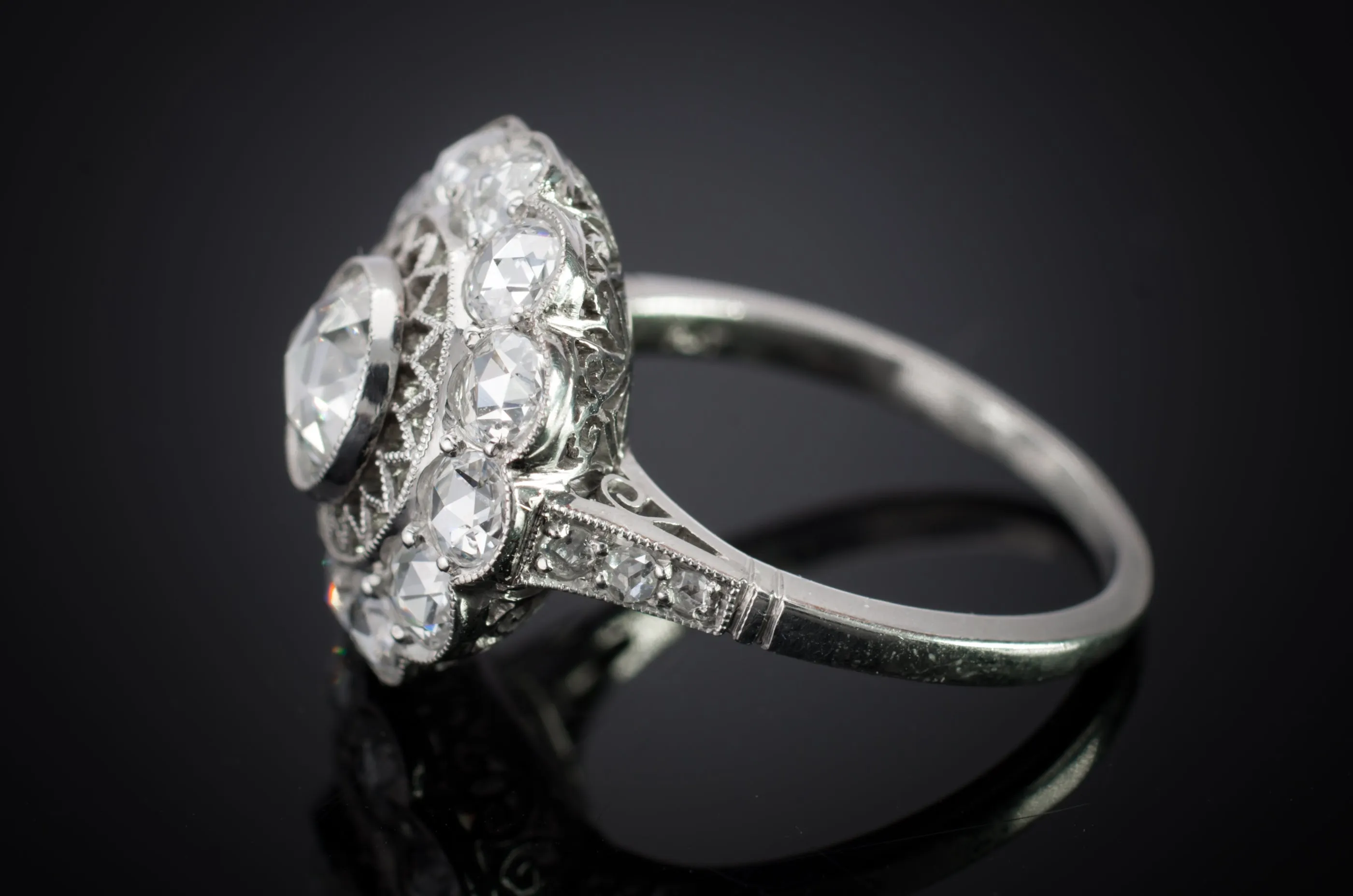 ROSE CUT DIAMOND HALO IN PLATINUM