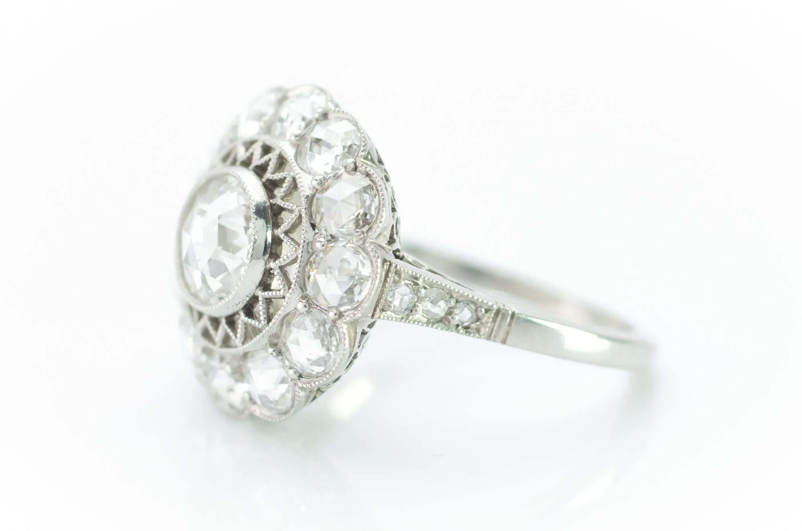 ROSE CUT DIAMOND HALO IN PLATINUM