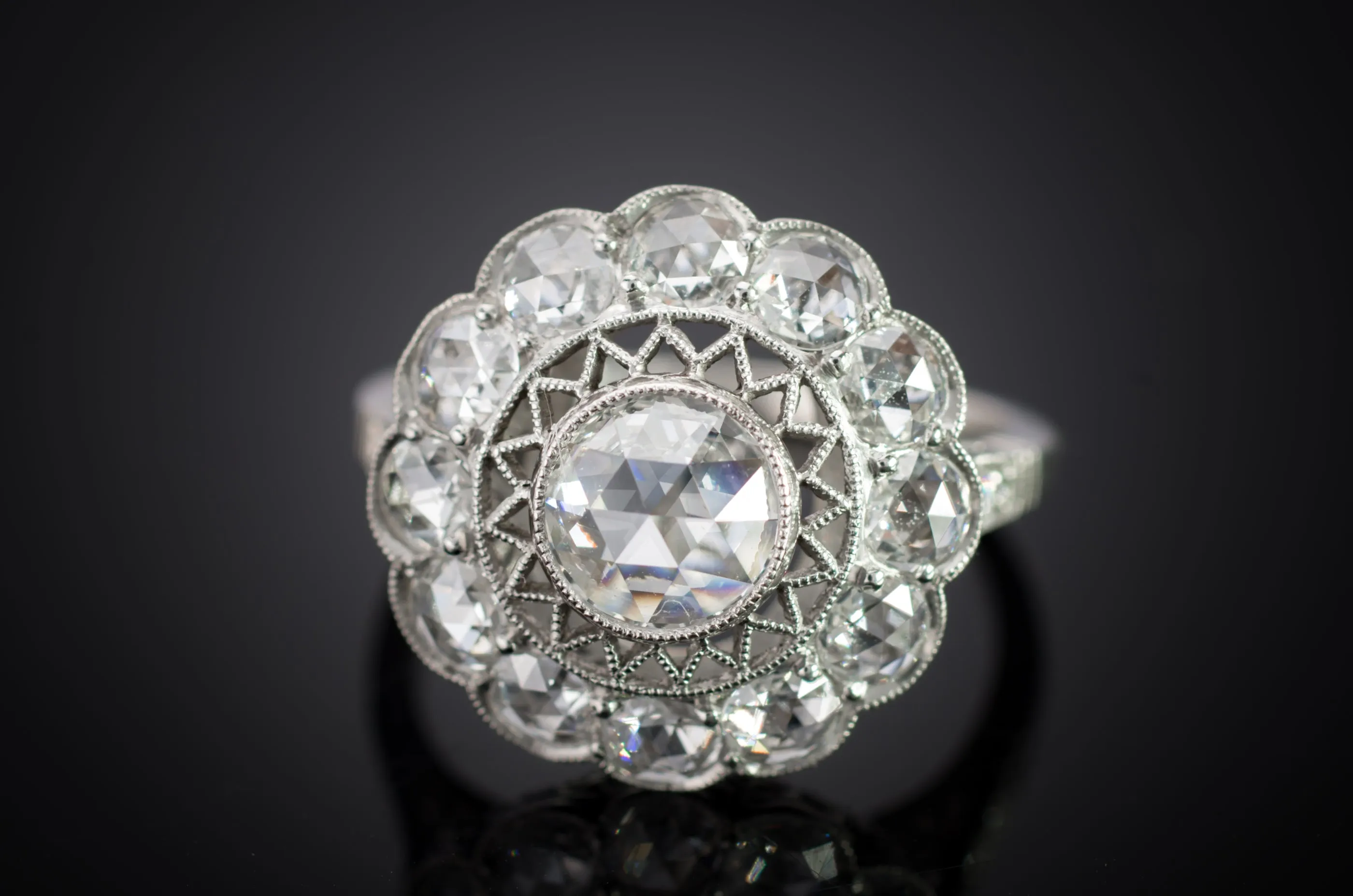 ROSE CUT DIAMOND HALO IN PLATINUM