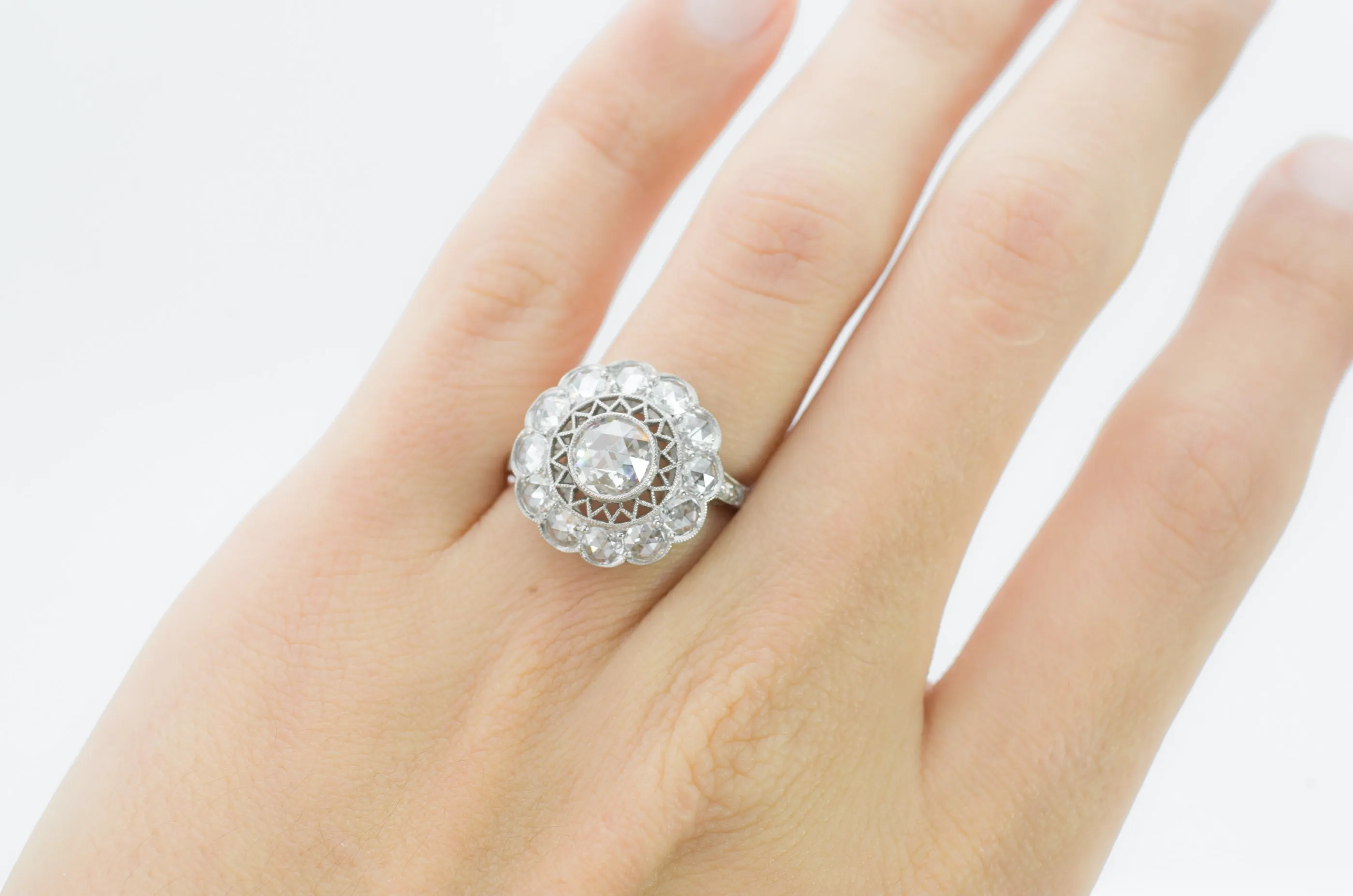 ROSE CUT DIAMOND HALO IN PLATINUM