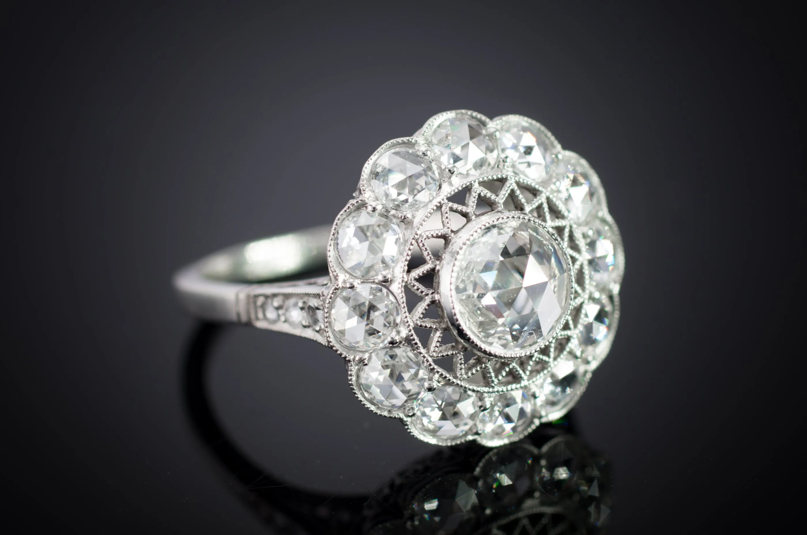 ROSE CUT DIAMOND HALO IN PLATINUM