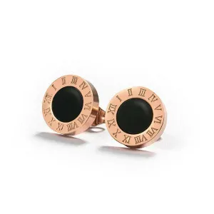 Rose Gold Roman Numeral Round Black Crystal Earrings