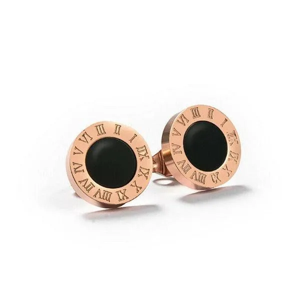 Rose Gold Roman Numeral Round Black Crystal Earrings