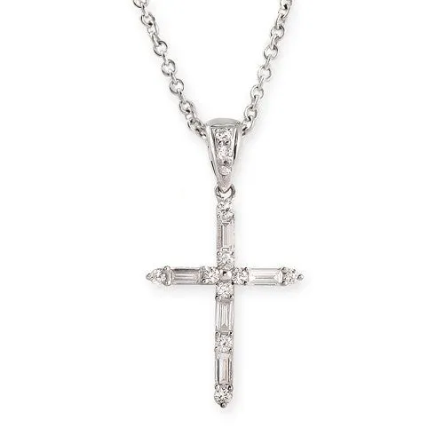 Round and Baguette Diamond Cross Pendant In 18k White Gold