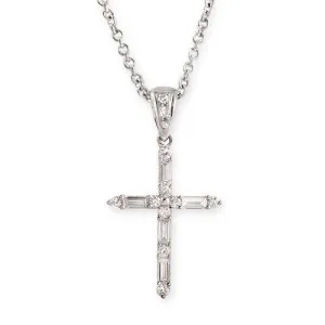 Round and Baguette Diamond Cross Pendant In 18k White Gold