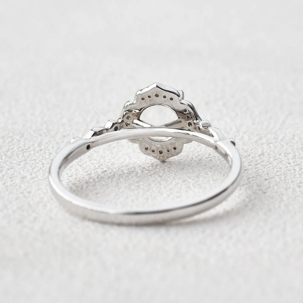 Round Cut Moonstone & Moissanite White Gold Ring