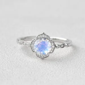 Round Cut Moonstone & Moissanite White Gold Ring