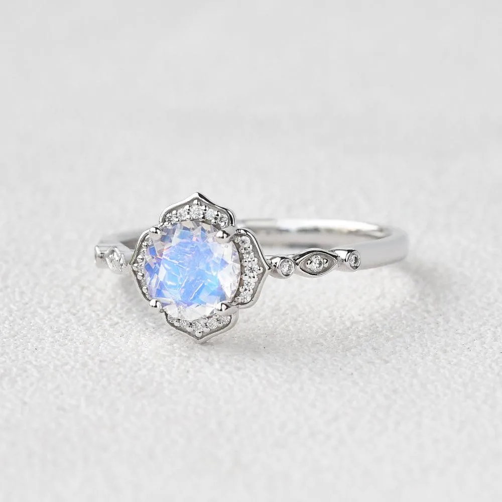 Round Cut Moonstone & Moissanite White Gold Ring