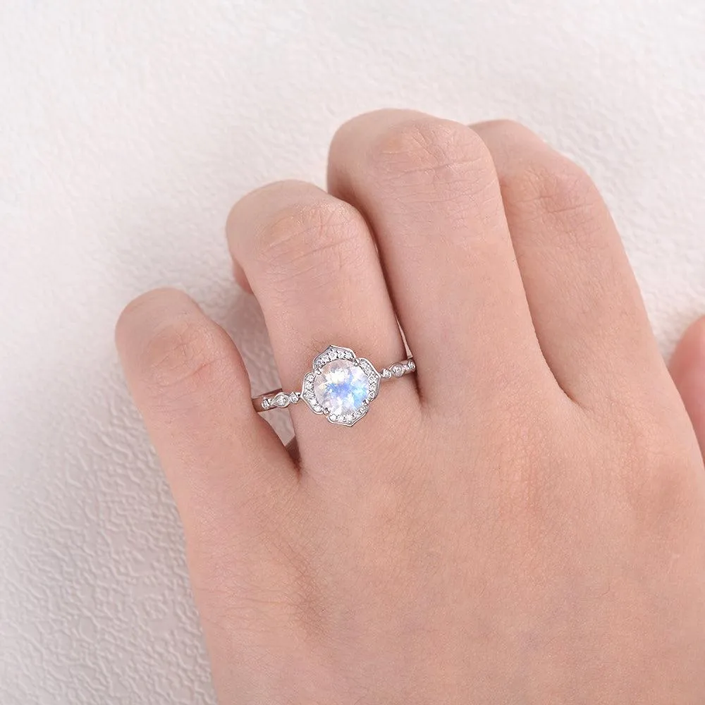Round Cut Moonstone & Moissanite White Gold Ring