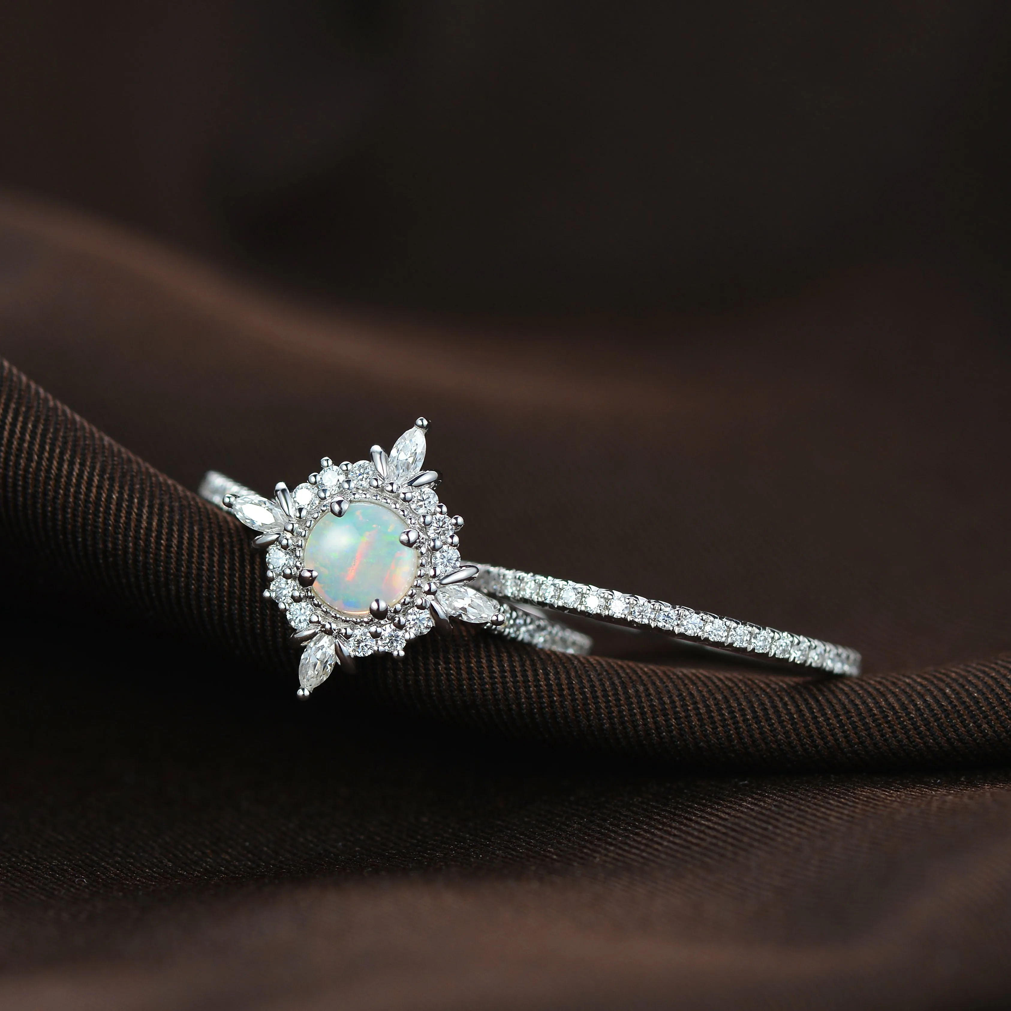 Round Cut Opal Floral Cluster Engagement Ring Set 2pcs