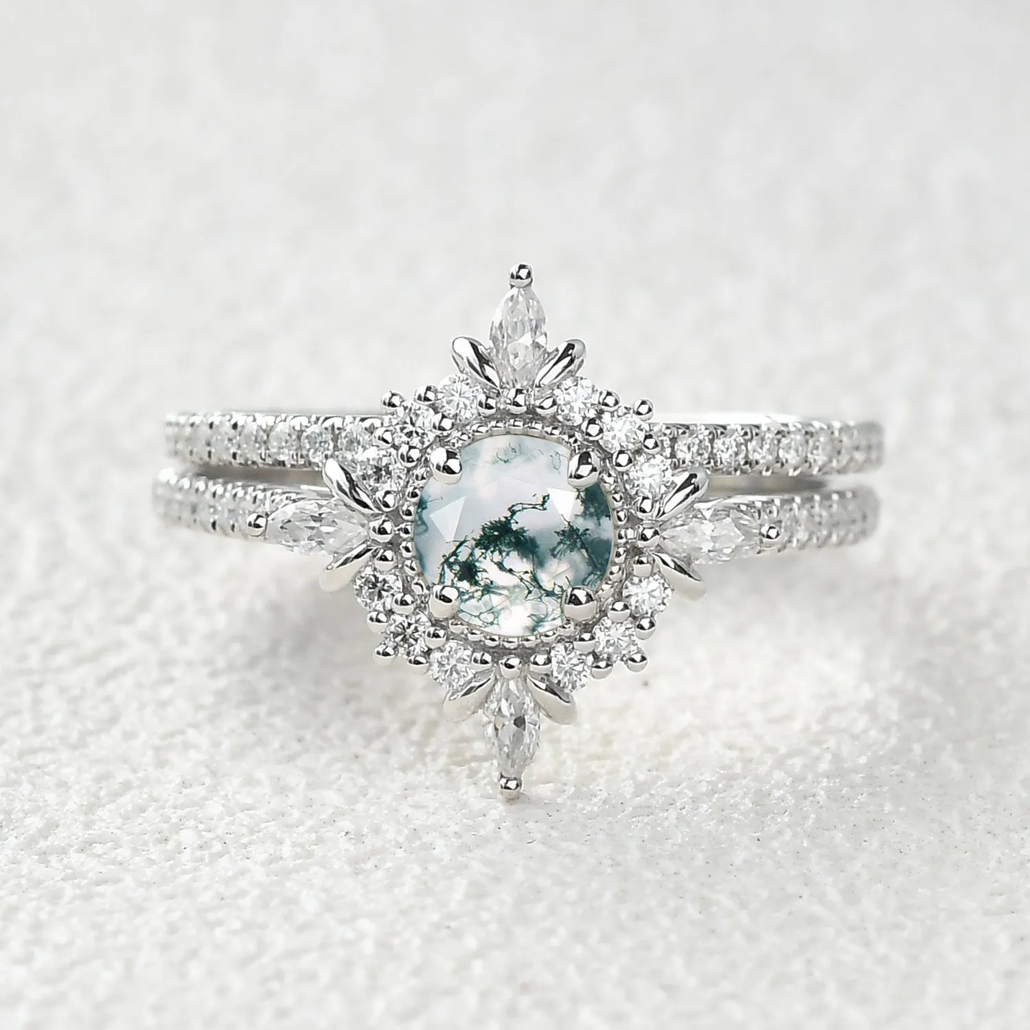 Round Cut Opal Floral Cluster Engagement Ring Set 2pcs