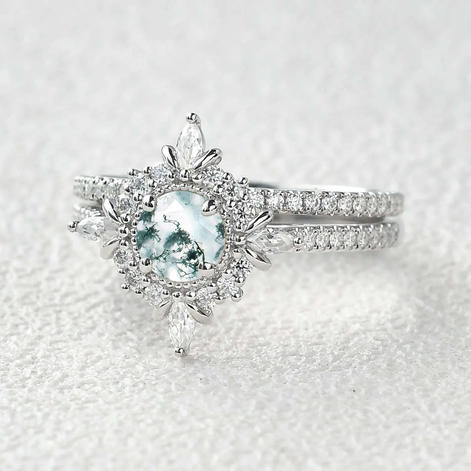 Round Cut Opal Floral Cluster Engagement Ring Set 2pcs
