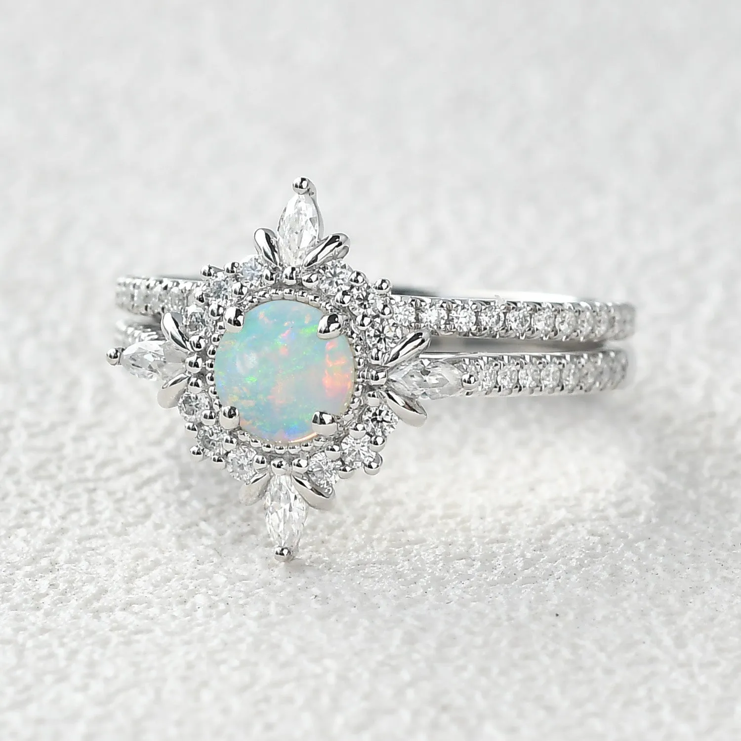 Round Cut Opal Floral Cluster Engagement Ring Set 2pcs