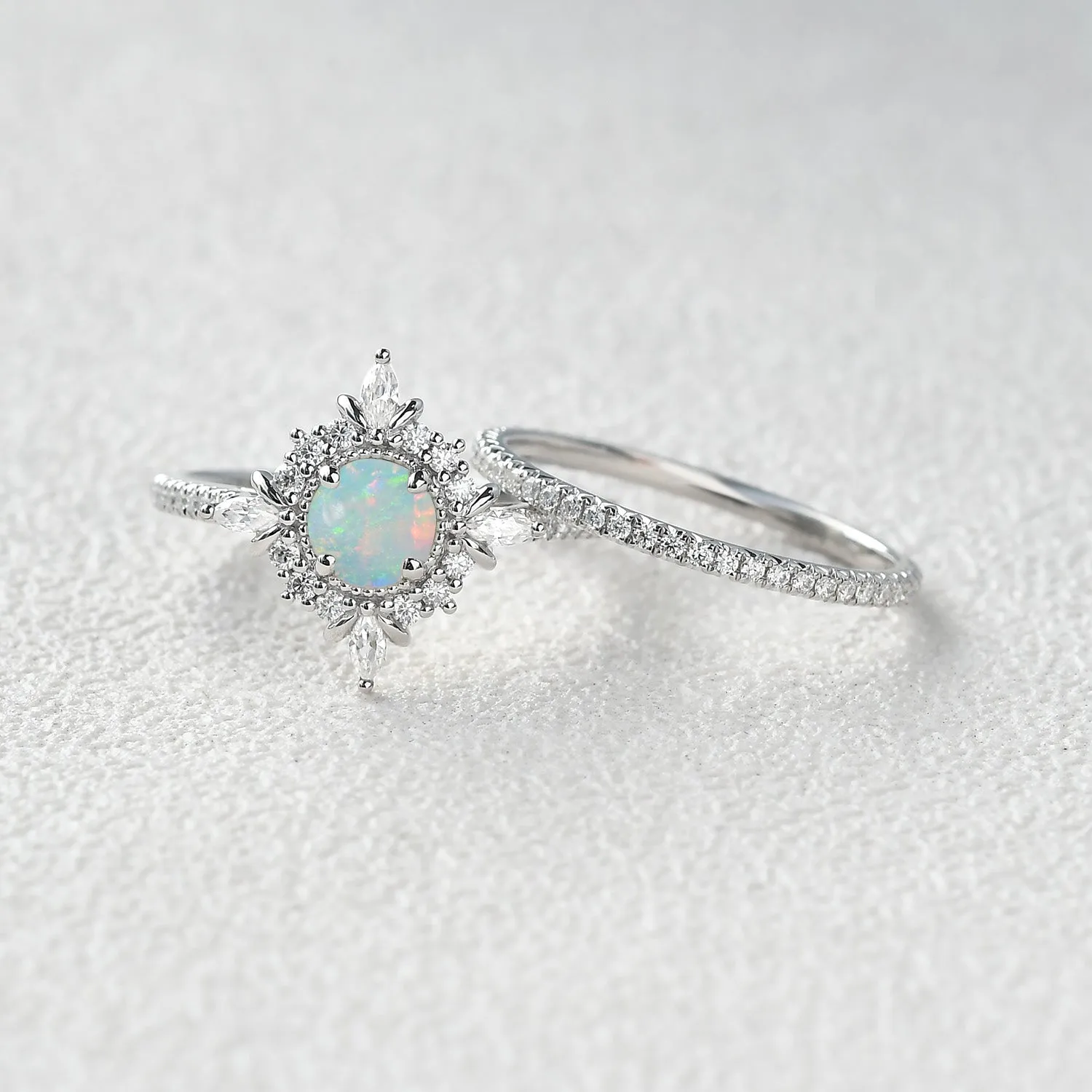 Round Cut Opal Floral Cluster Engagement Ring Set 2pcs