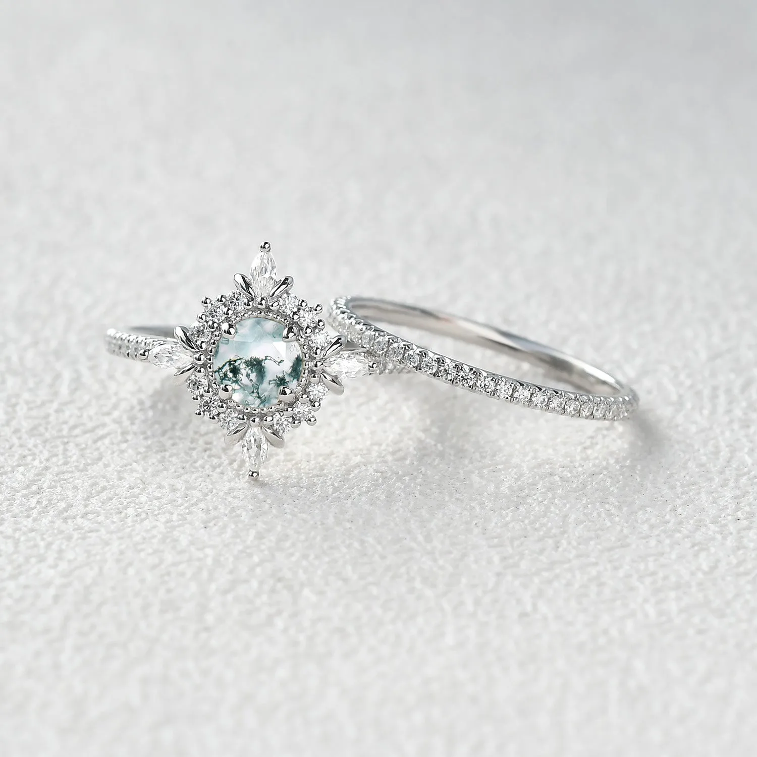Round Cut Opal Floral Cluster Engagement Ring Set 2pcs