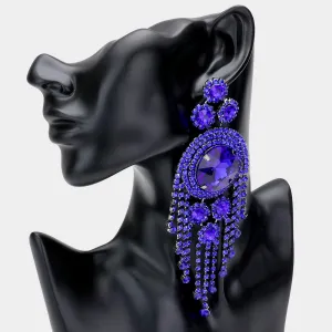 Royal Blue Crystal Round Stone Accented with Fringe Pageant Earrings | Statement Earrings |  508847