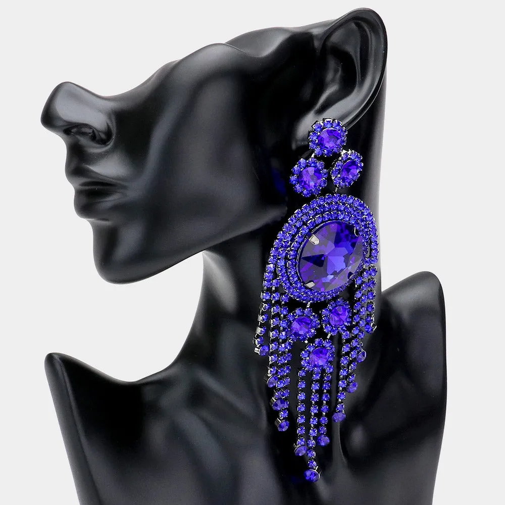 Royal Blue Crystal Round Stone Accented with Fringe Pageant Earrings | Statement Earrings |  508847