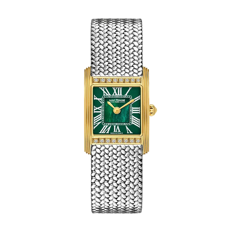 Saint Honore Palais Royal Women's Green MOP Dial Gold case Silver Mesh Bracelet Watch