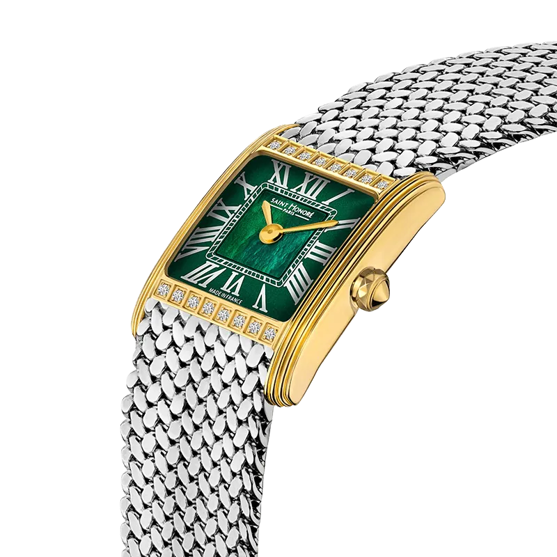 Saint Honore Palais Royal Women's Green MOP Dial Gold case Silver Mesh Bracelet Watch