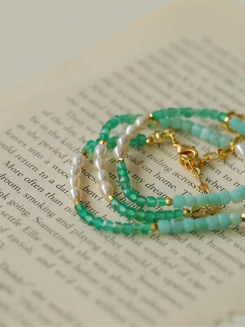 Secret Garden Colored Stone Beaded Necklace-Green Onyx Aquamarine