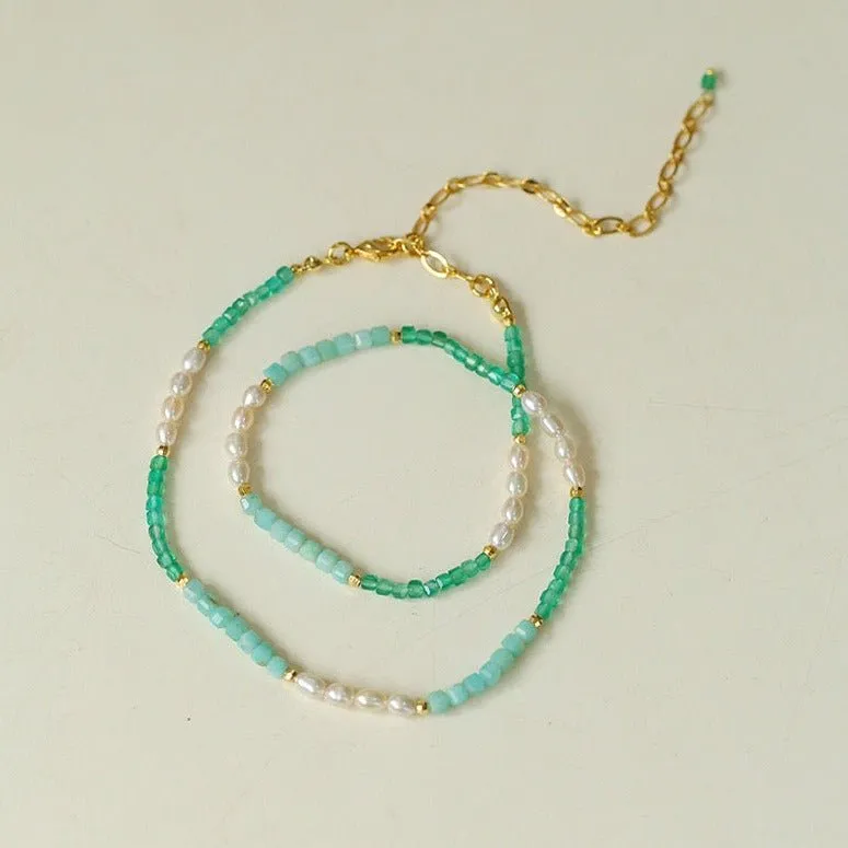 Secret Garden Colored Stone Beaded Necklace-Green Onyx Aquamarine