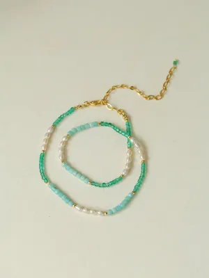 Secret Garden Colored Stone Beaded Necklace-Green Onyx Aquamarine