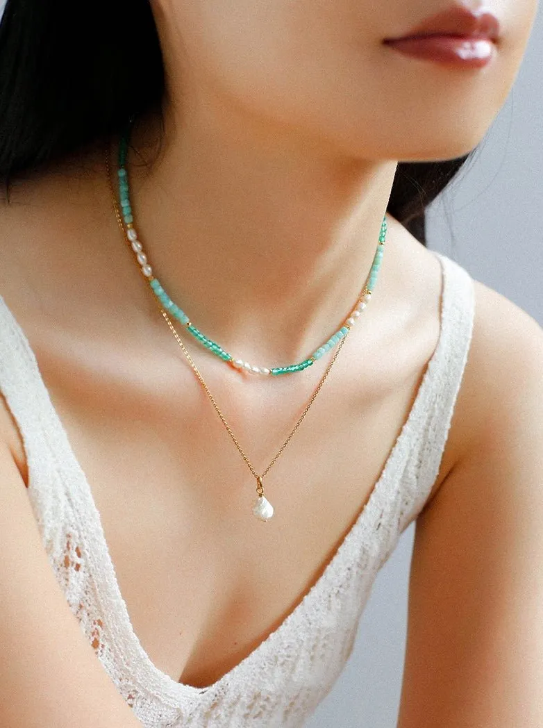 Secret Garden Colored Stone Beaded Necklace-Green Onyx Aquamarine