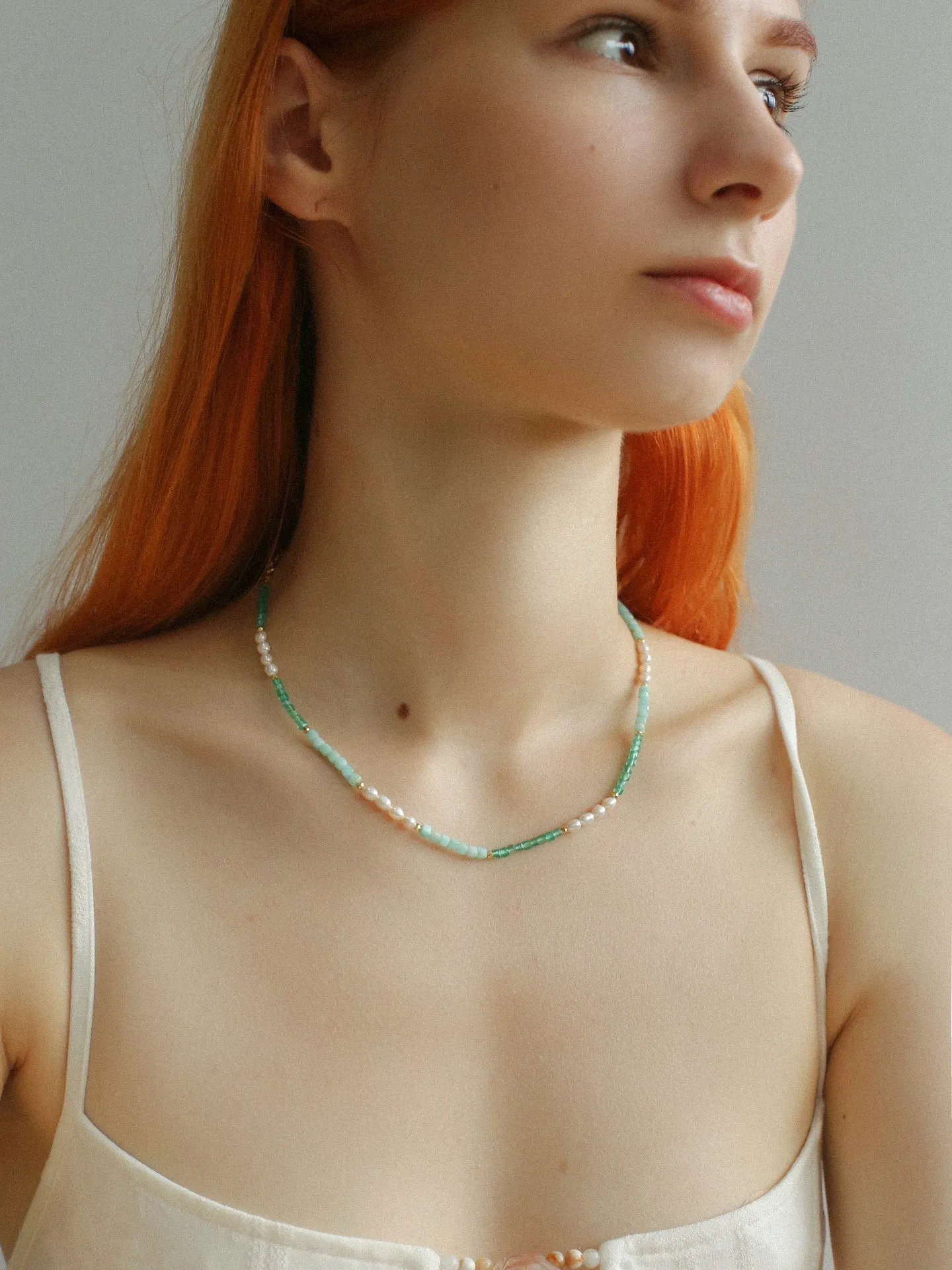 Secret Garden Colored Stone Beaded Necklace-Green Onyx Aquamarine