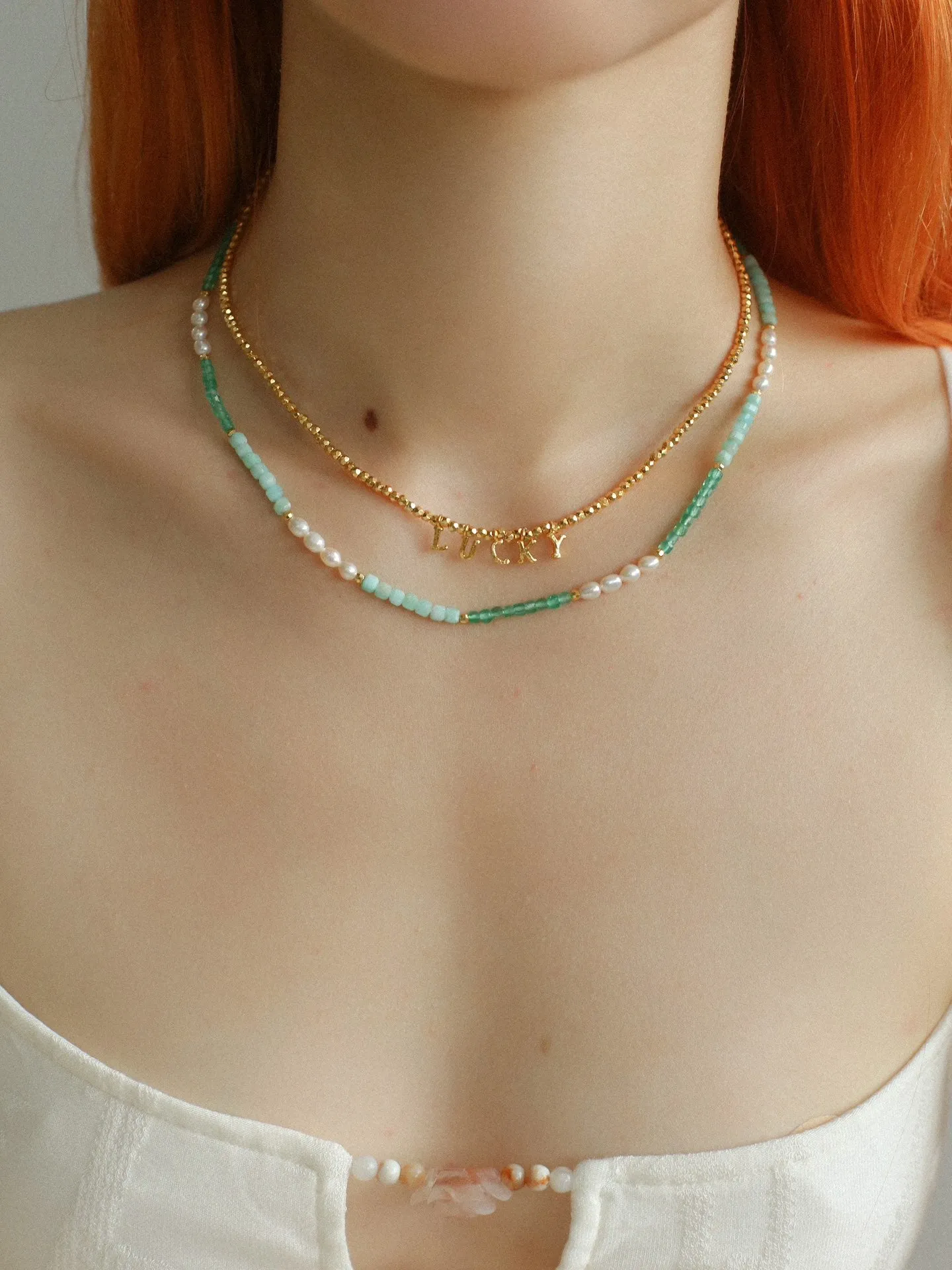 Secret Garden Colored Stone Beaded Necklace-Green Onyx Aquamarine