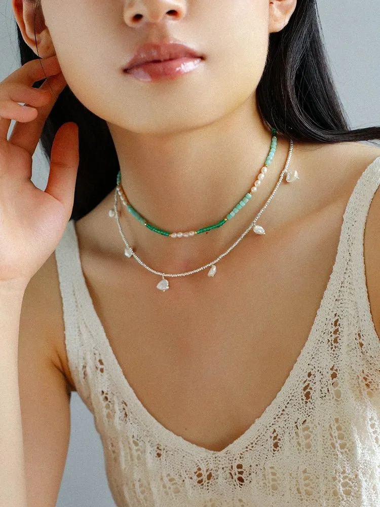 Secret Garden Colored Stone Beaded Necklace-Green Onyx Aquamarine
