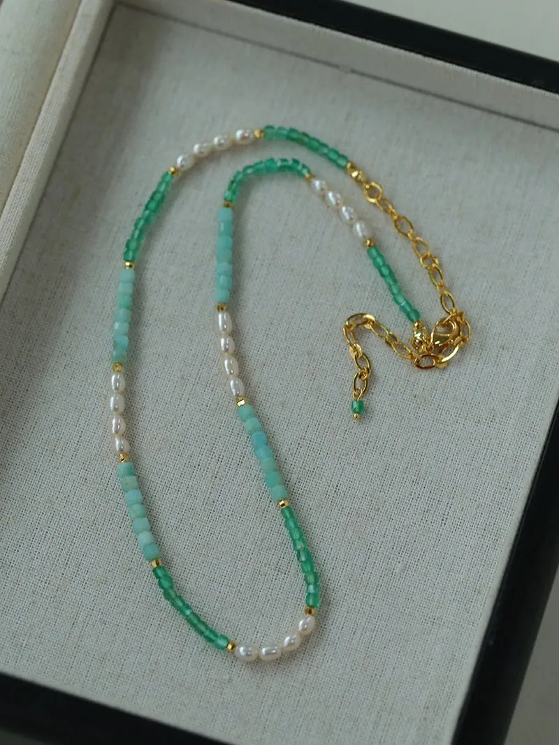 Secret Garden Colored Stone Beaded Necklace-Green Onyx Aquamarine