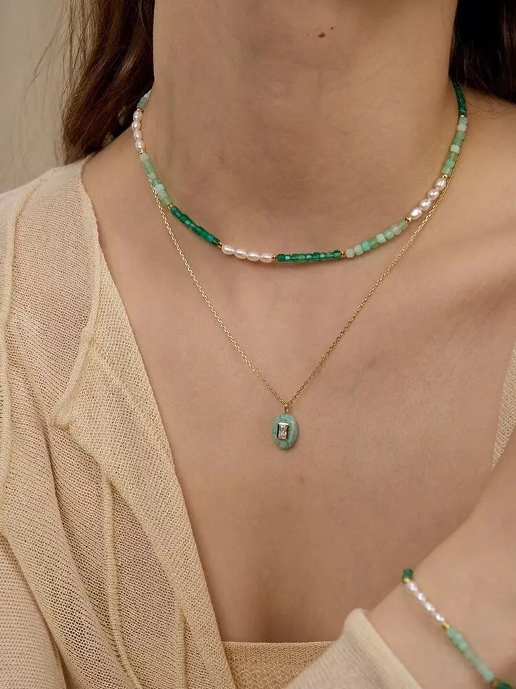 Secret Garden Colored Stone Beaded Necklace-Green Onyx Aquamarine