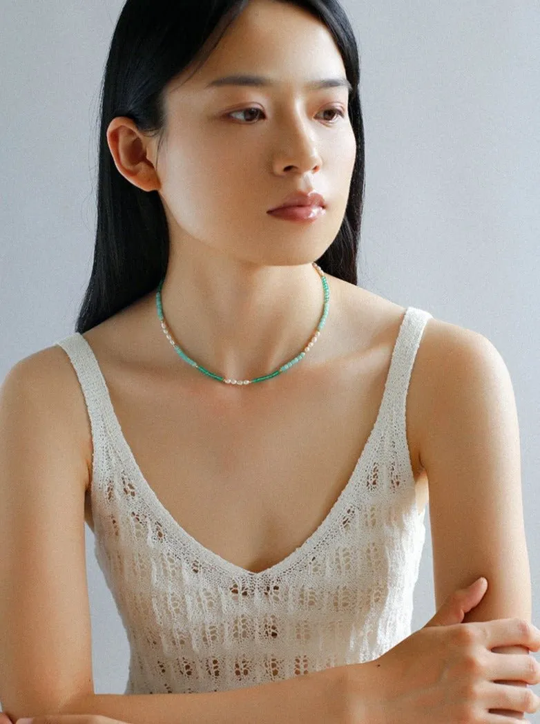 Secret Garden Colored Stone Beaded Necklace-Green Onyx Aquamarine