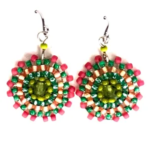 Seed Bead Starburst Earrings - Pink/Green