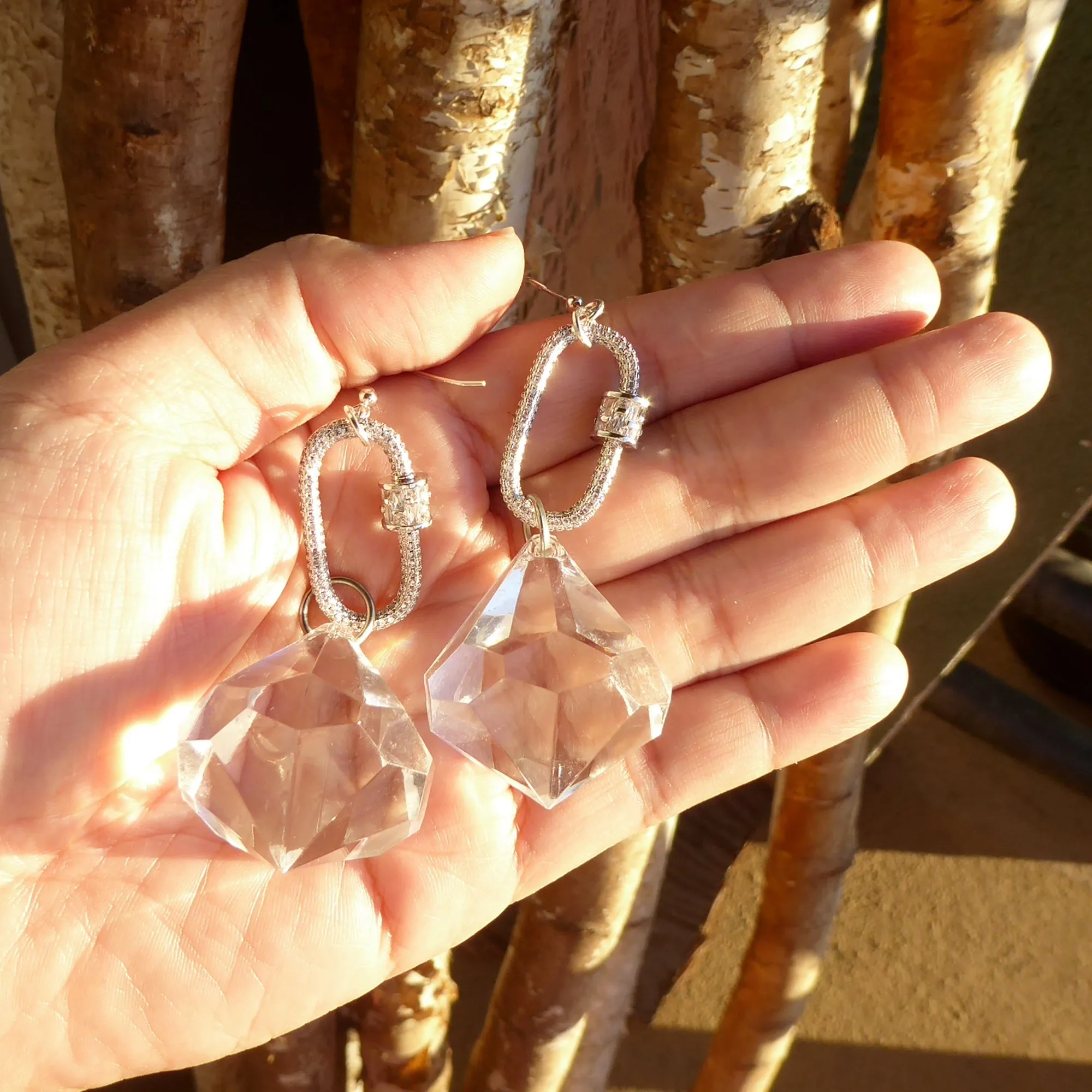 Silver carabiner gem earrings