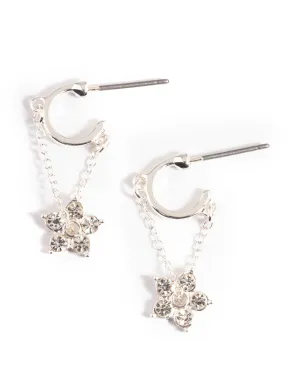 Silver Diamante Flower Chain Huggie Earrings