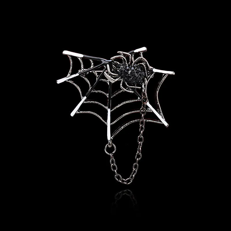 Silver Diamond-Inlaid Spider Web with Chain Creative Brooch 3pcs
