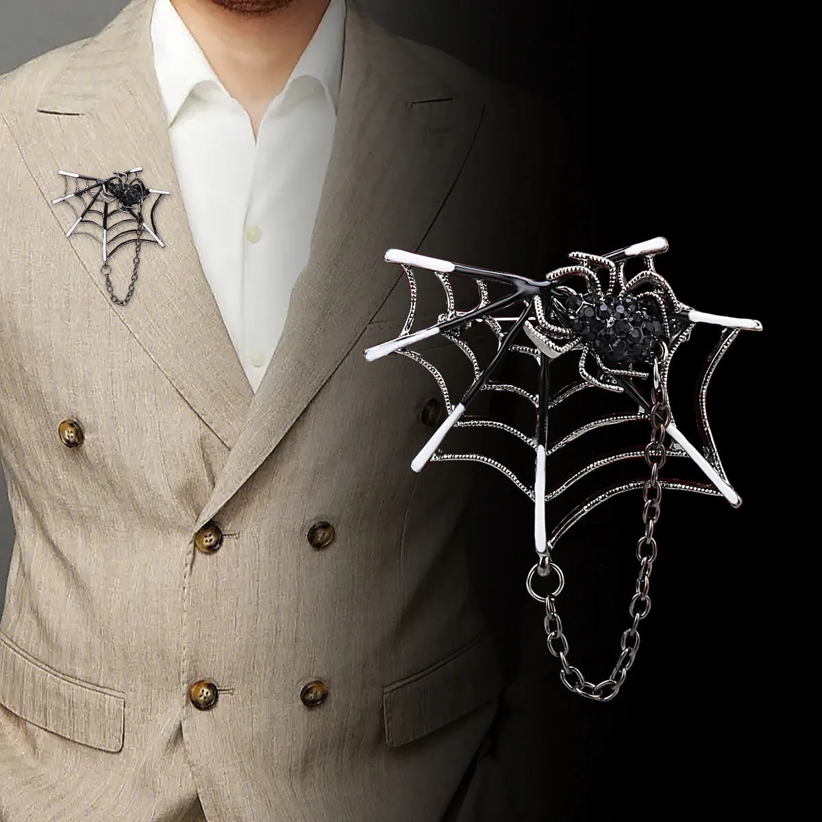 Silver Diamond-Inlaid Spider Web with Chain Creative Brooch 3pcs
